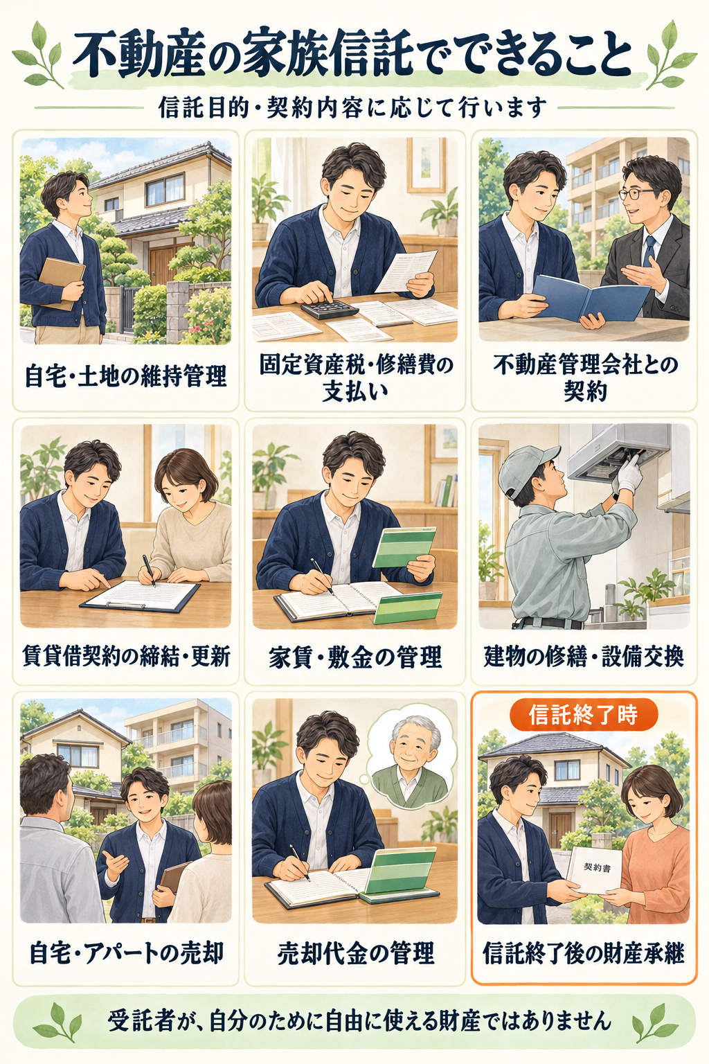 不動産の家族信託でできる維持管理、賃貸、修繕、売却、代金管理と信託終了後の財産承継