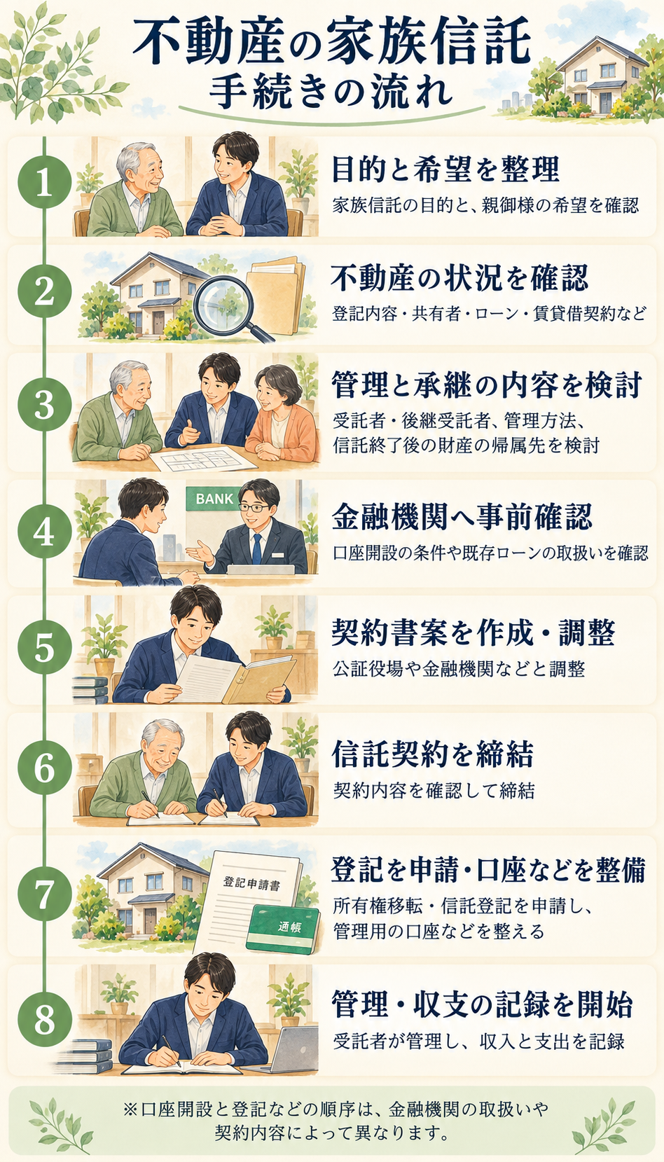 不動産の家族信託の8ステップ。目的整理、不動産確認、管理・承継の検討、金融機関への確認、契約書案作成、契約締結、登記・口座整備、管理開始