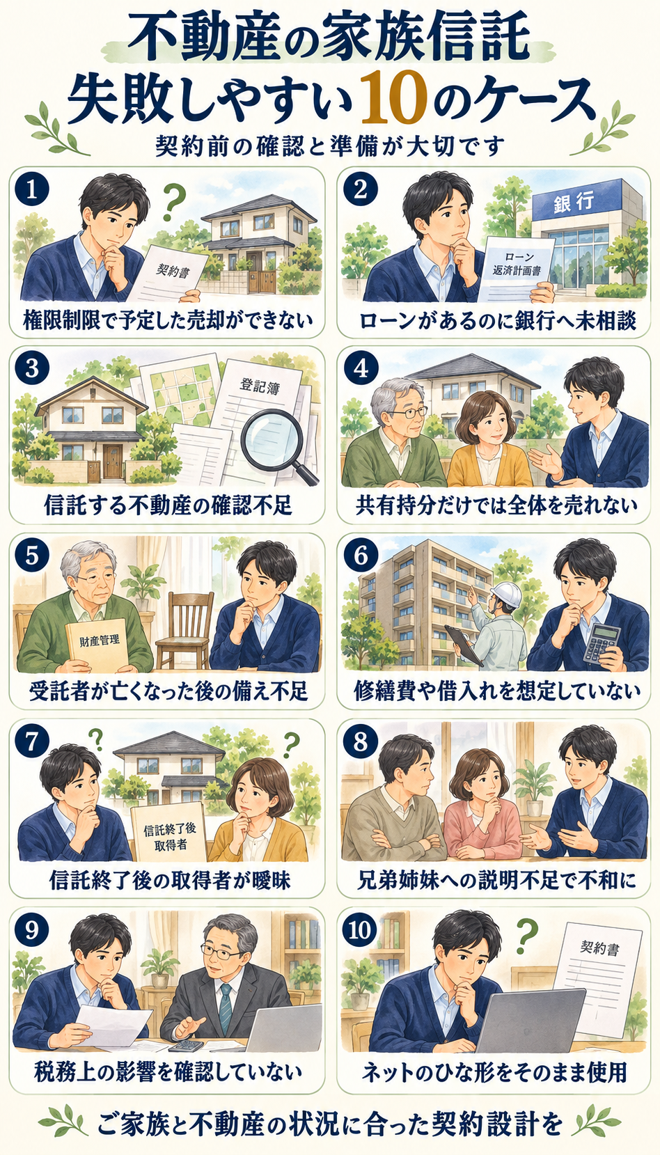 不動産の家族信託で失敗しやすい10のケース。売却権限、ローン、不動産調査、共有、後継受託者、修繕、財産承継、家族への説明、税務、ひな形の注意点