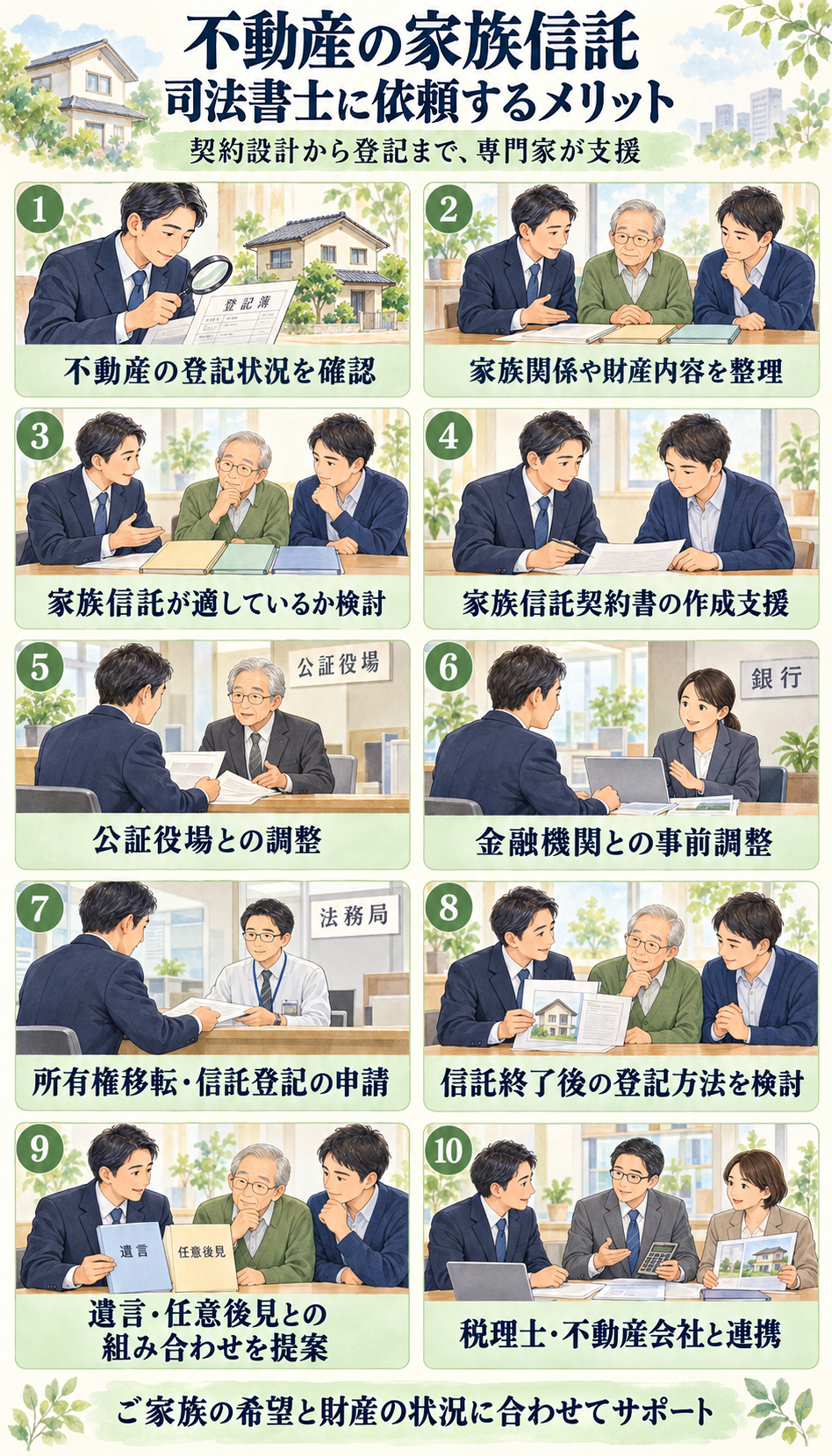 不動産の家族信託における司法書士の支援。登記状況の確認、財産整理、契約作成支援、関係機関との調整、登記申請、他制度の提案、専門家との連携